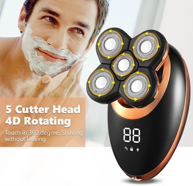 Head Shaver for Men, 5 in 1 Electric Shaver for Men Beard Hair Trimmer Electric Razor 5D Floating 5 Blade Heads Electric Nose Hair Trimmer LCD Display (Color : Silver-Package A)