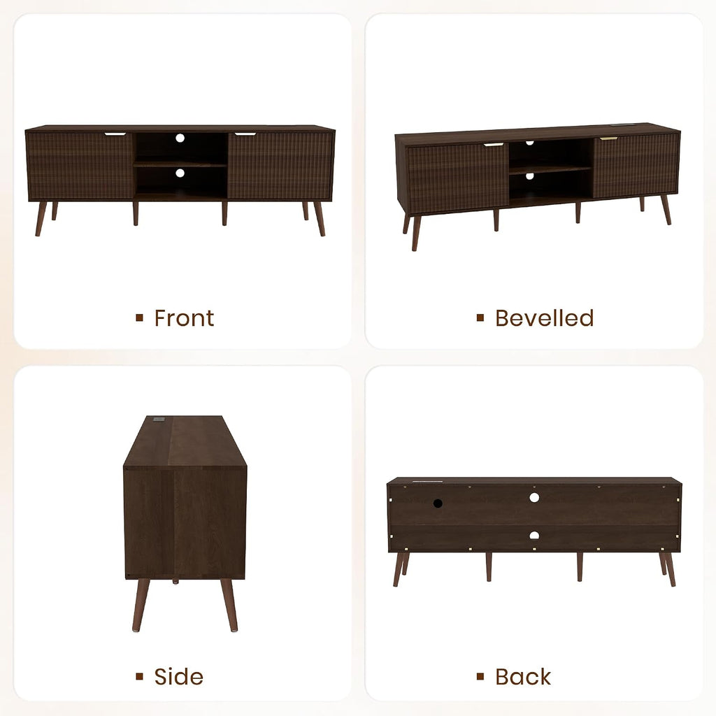 TV Stand for Living Room to 55/60/65/70 Inches, Mid Century Modern TV Consoles with Power Outlet, Entertainment Center with Door Cabinets and Open Shelves for Living Room, Bedroom, Walnut