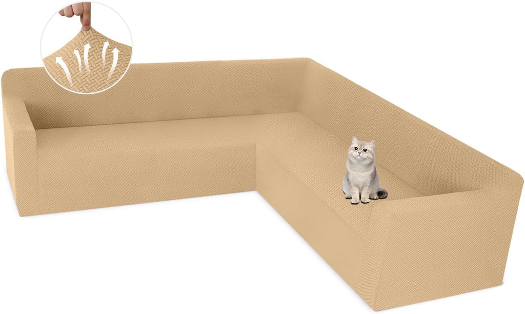 ALIECOM Stretch Corner Sectional Couch Covers L Shape Sofa Covers Washable Sectional Slipcovers U Shape Jacquard Living Room Pet Dogs Furniture Protector with Elastic Bottom (Apricot, X-Large)
