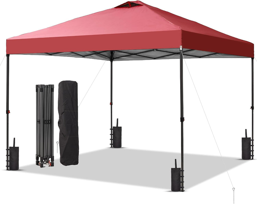 GDY 10x10 Pop Up Canopy Patio Carpas, One Push Set up with Central Lock Canopy with Hand Carry Bag, Included 4 Sandbaogs,8 Stakes and 4 Ropes, Red
