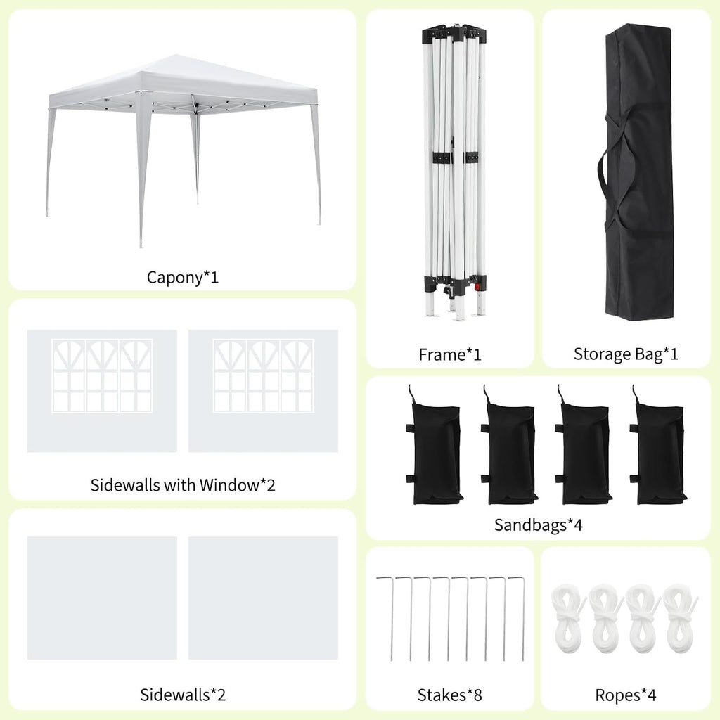 10x10 Pop Up Canopy with 4 Sidewalls, Outdoor Portable Instant Canopy Tent, Waterproof Pop Up Tent, Versatile Gazebo for Camping, Outdoor Parties, Backyard,Beach Activities,White