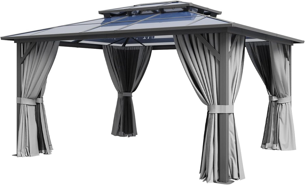12' x 14' Gray Double Roof Gazebo with Polycarbonate Panels – Sturdy Aluminum Frame, Outdoor Pavilion with Curtains for Patio, Garden & Backyard