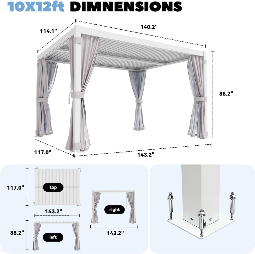 MELLCOM Louvered Pergola 10x12, Outdoor Rustproof Shelter with Adjustable Roof, Steel Aluminum Gazebo with Waterproof Curtains and Netting for Patio Deck, White