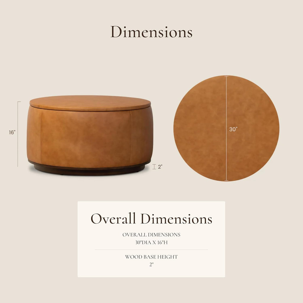 Poly & BARK Herve Storage Ottoman – Round Italian Full-Grain Leather Ottoman with Hidden Storage – Solid Wood Base in Walnut Finish – Cognac Tan