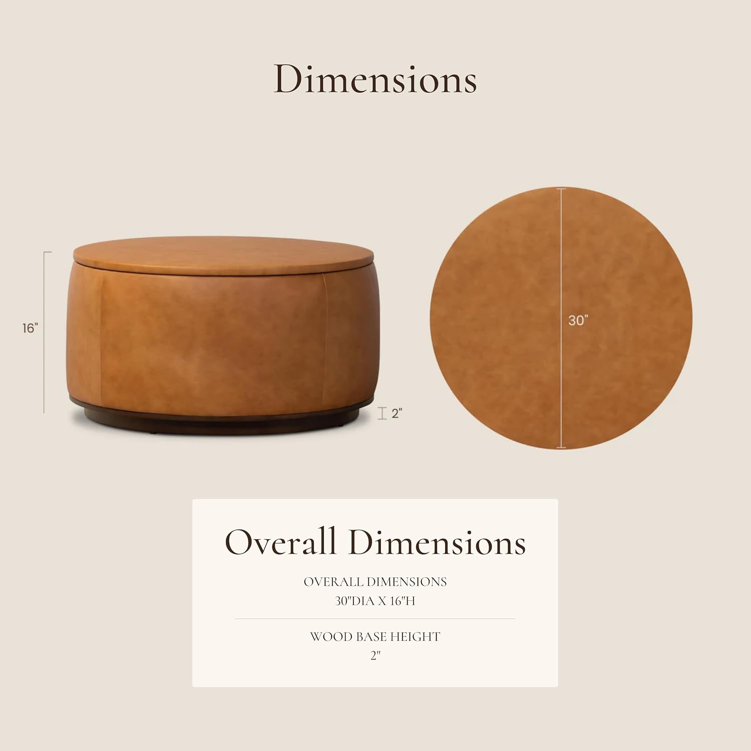 Poly & BARK Herve Storage Ottoman – Round Italian Full-Grain Leather Ottoman with Hidden Storage – Solid Wood Base in Walnut Finish – Cognac Tan
