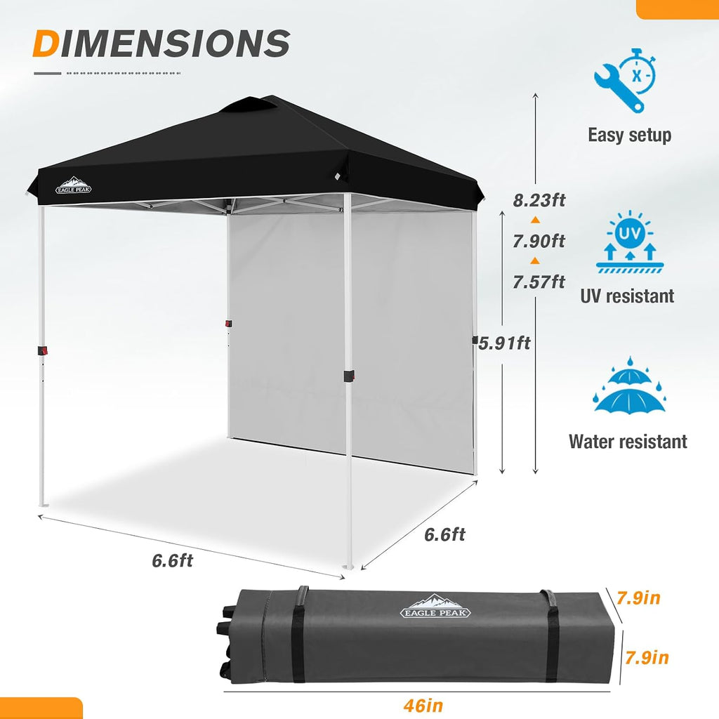 EAGLE PEAK Commercial Canopy 6.6x6.6 Pop Up Canopy Tent with 1 Sidewall, Easy Setup Heavy Duty Instant Event Shelter for Vendors & Markets, Outdoor Sun Shade, Black