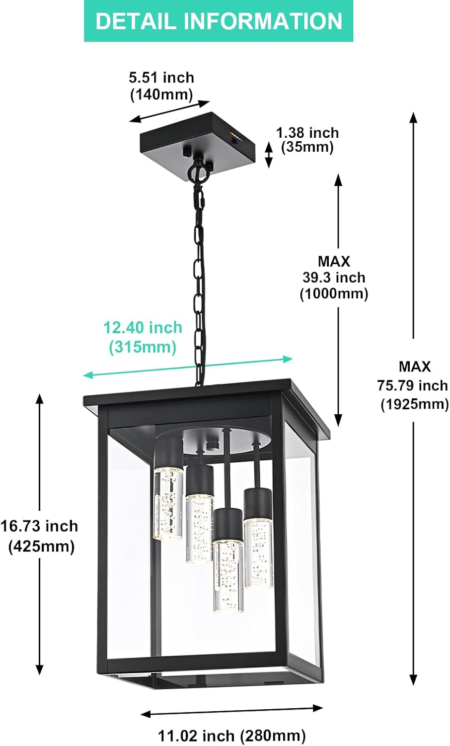 Yaohong 16.7' Large 5CCT LED Outdoor Pendant Light, 4-Lights Modern Black Hanging Ceiling Fixture with Acrylic Column & Clear Glass, Weatherproof Chandelier for Porch Gazebo Patio Entryway