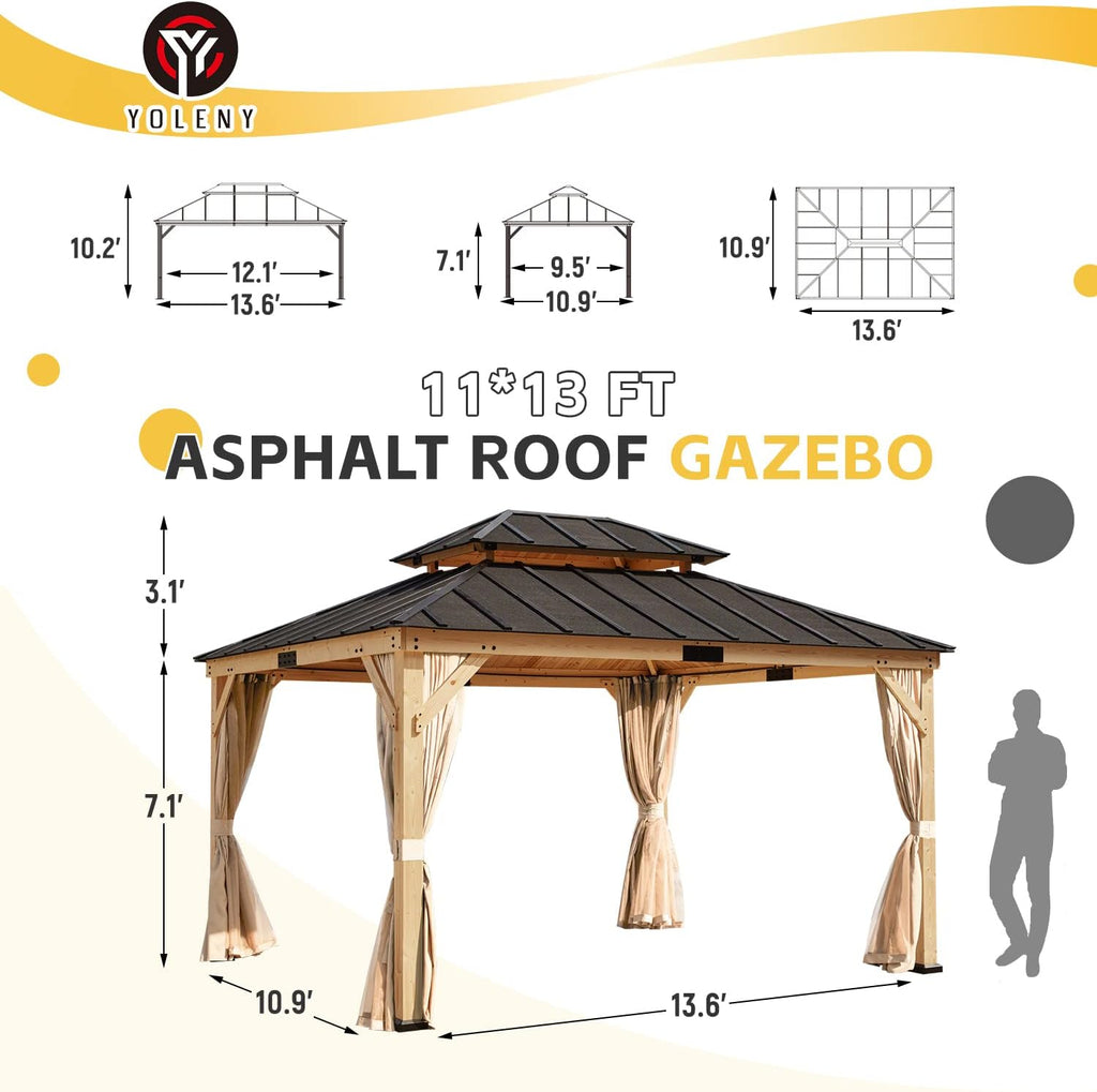 YOLENY 11' x 13' Solid Spruce Wood Gazebo, Hardtop Gazebo with Coated Wood Frame, Waterproof Asphalt Double Roof, Nettings and Curtains for Lawns, Gardens, Decks, and Patios