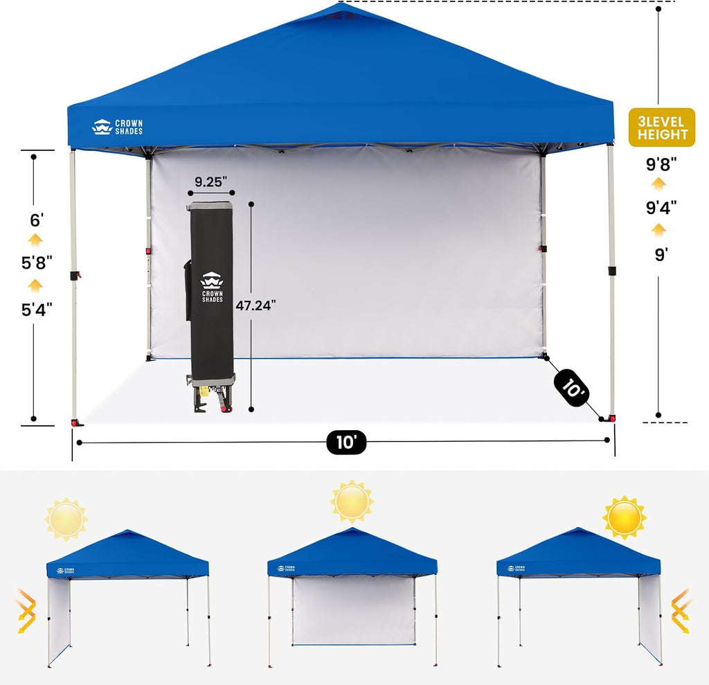 CROWN SHADES 10x10 Pop Up Canopy with 1 Side Wall - Beach Tent with One Push Setup - Outdoor Sun Shade for Events, Parties, Camping - Gazebo with STO-N-Go Cover Bag (Blue)