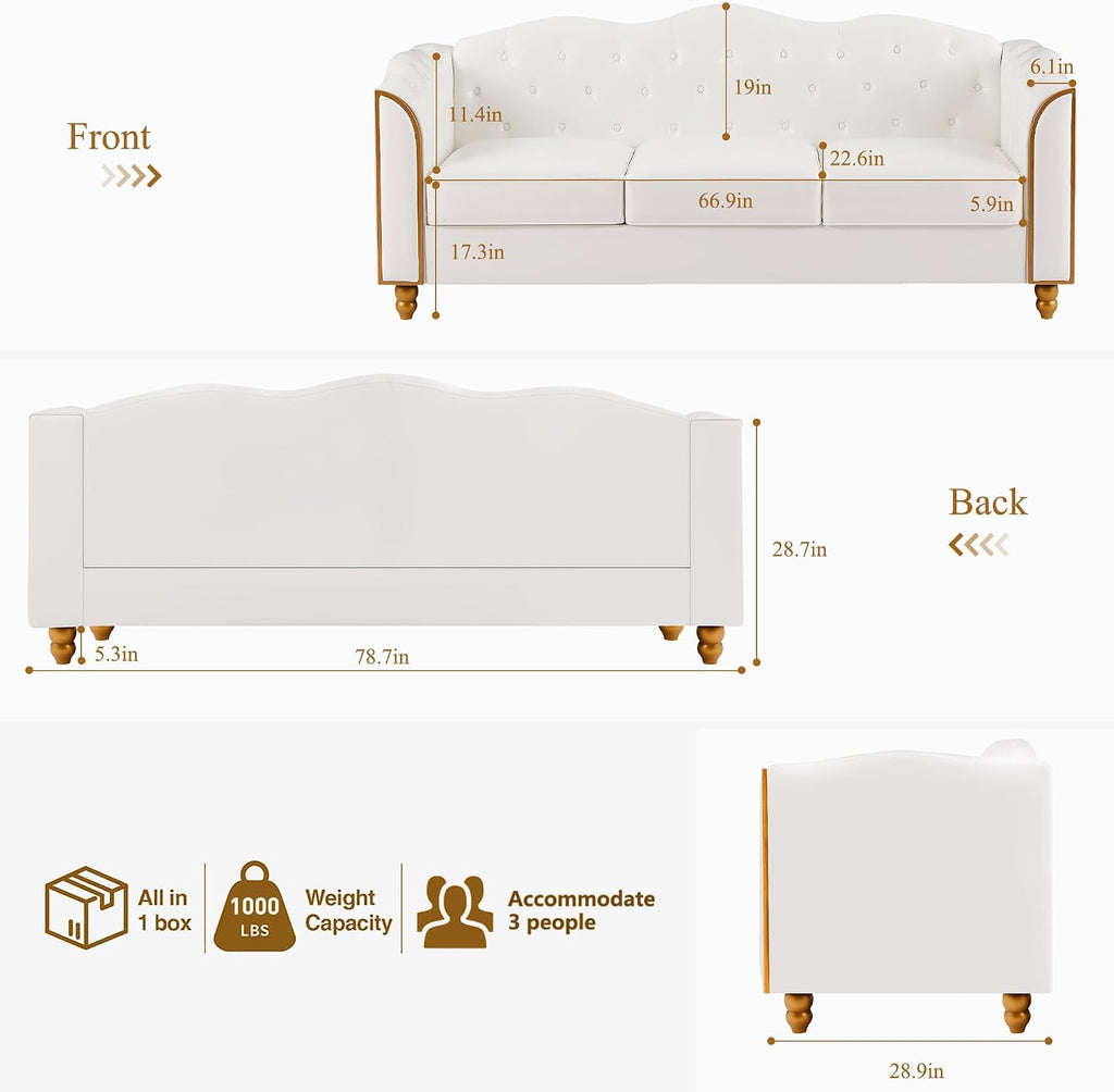 HITHOS 78' Leather Sofa Couch, Soft 3 Seater Sofa Couches for Living Room, Button Tufted Comfy Couch Modern Sofa with Upholstered Cushion, Gold Trim, Solid Wood Legs for Dorm Bedroom Apartment, White