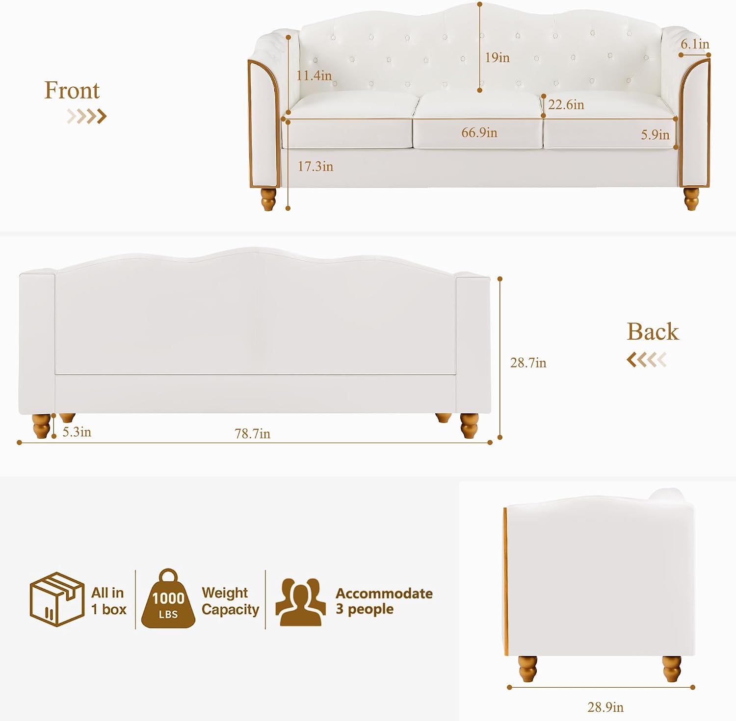 HITHOS 78' Leather Sofa Couch, Soft 3 Seater Sofa Couches for Living Room, Button Tufted Comfy Couch Modern Sofa with Upholstered Cushion, Gold Trim, Solid Wood Legs for Dorm Bedroom Apartment, White