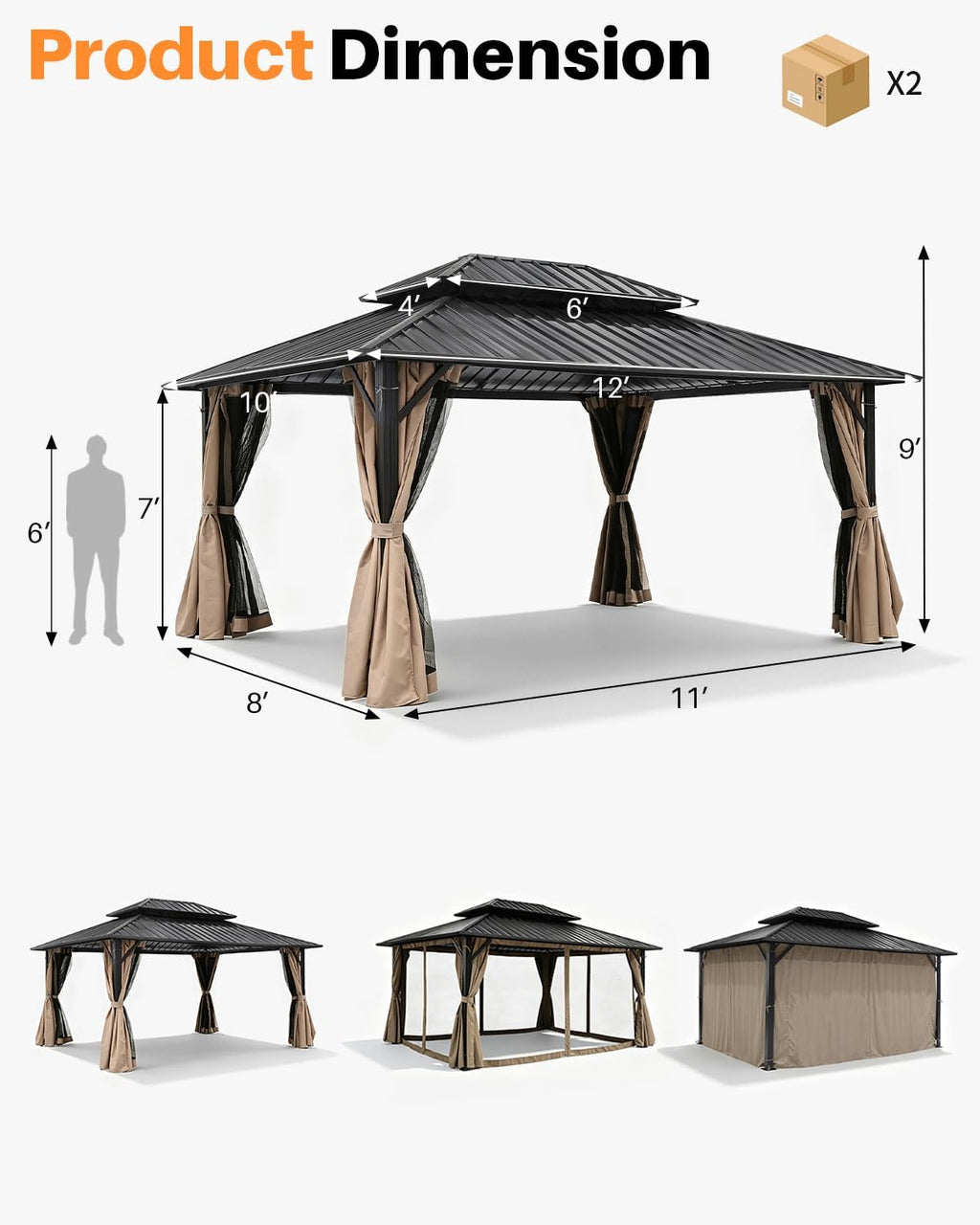 10' x 12' Hardtop Gazebo, Aluminum Frame Outdoor Patio Gazebo with Netting and Curtains, Outdoor Hardtop Gazebos, Patio Pergolas with Double Metal Roofs for Backyard, Patio, Deck, Sandstone