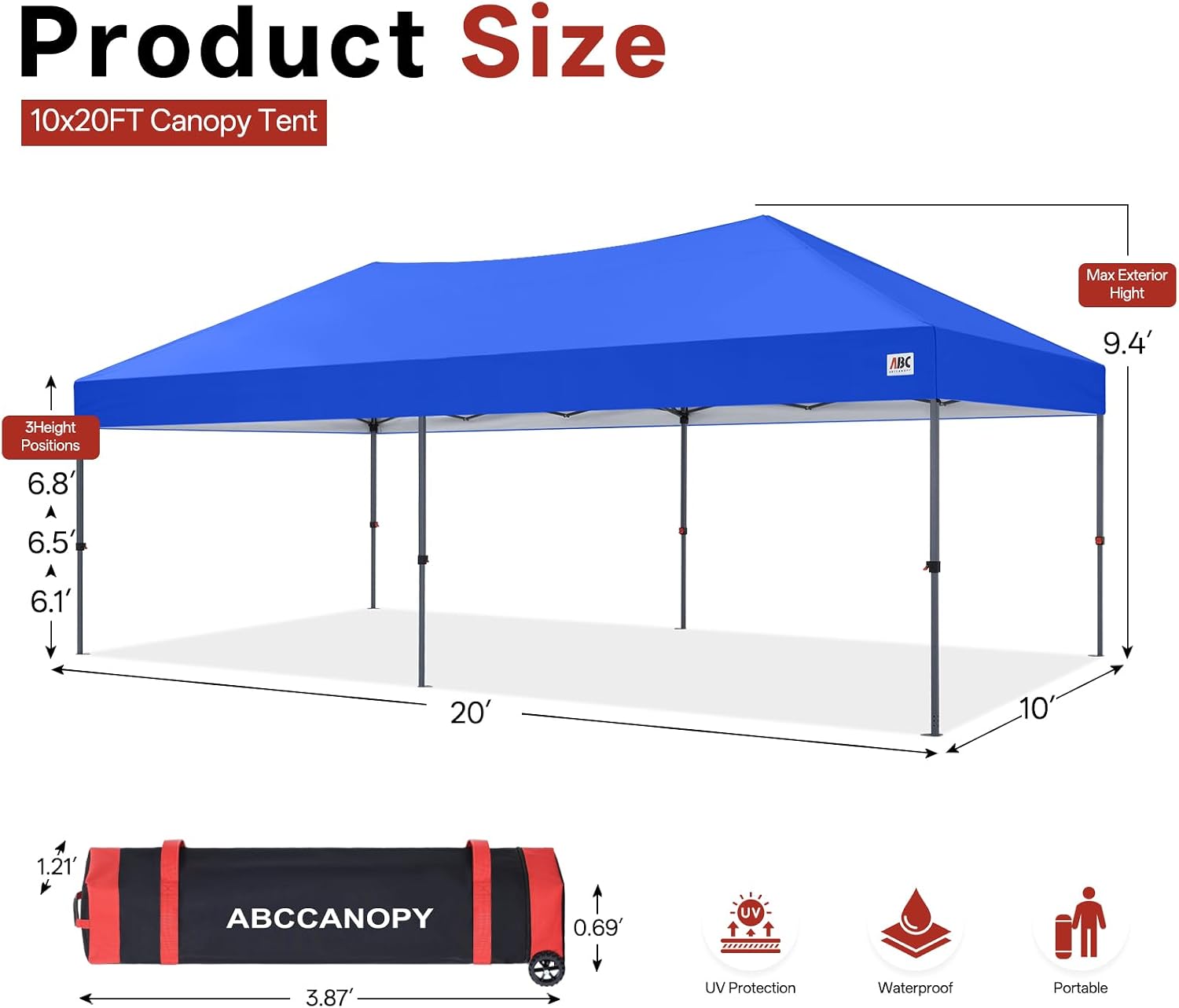 ABCCANOPY 10x20 Pop Up Canopy Tent, Easy Setup Instant Shelter with Wheeled Bag, Heavy Duty Outdoor Canopy for Beach, Market, Backyard, UV Protection, Outdoor Weather Protection (Royal Blue, 10x20)