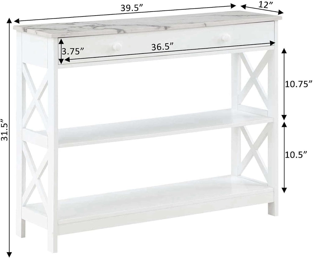 Convenience Concepts Oxford 1 Drawer Console Table with Shelves, White Faux Marble/White