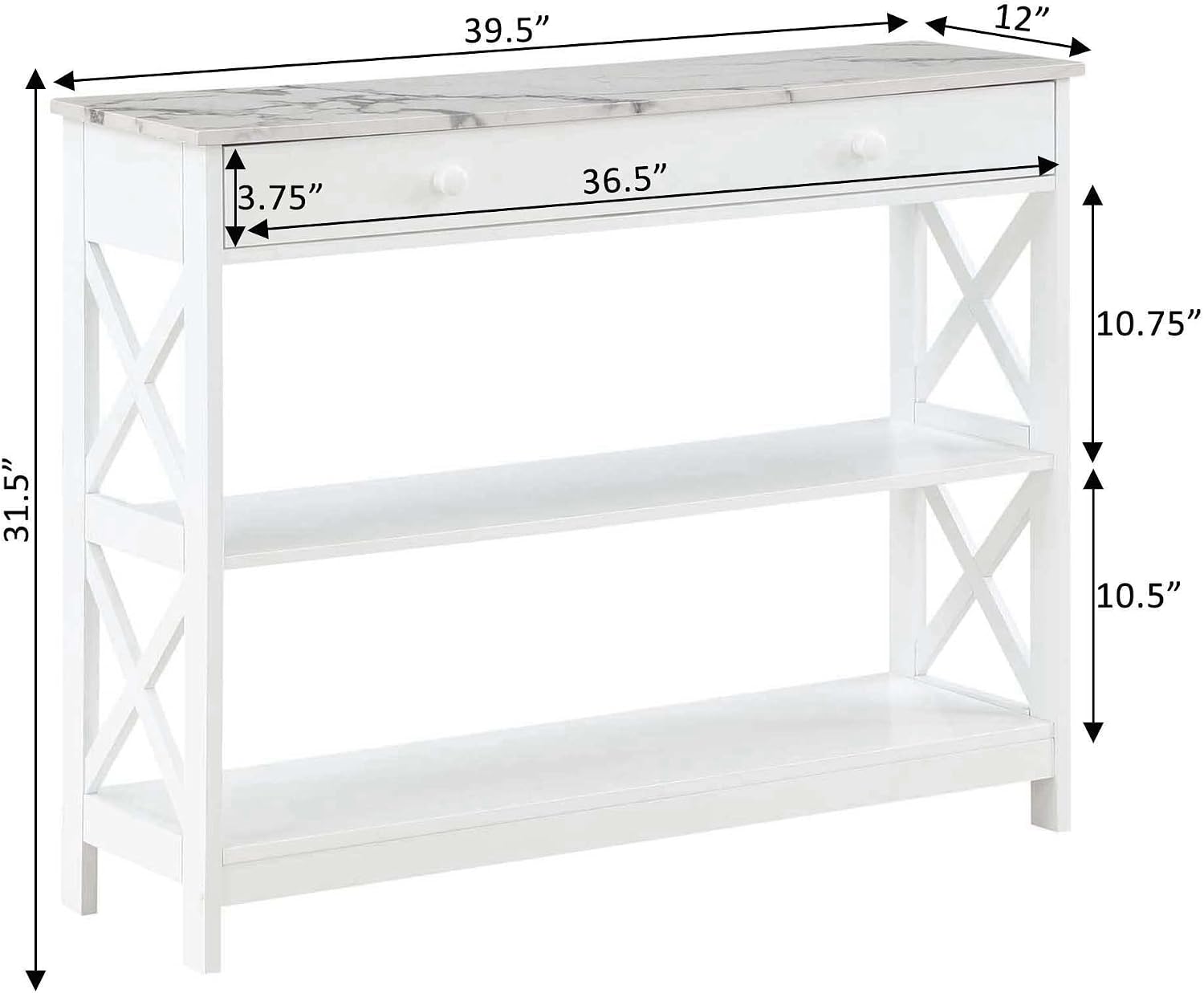 Convenience Concepts Oxford 1 Drawer Console Table with Shelves, White Faux Marble/White