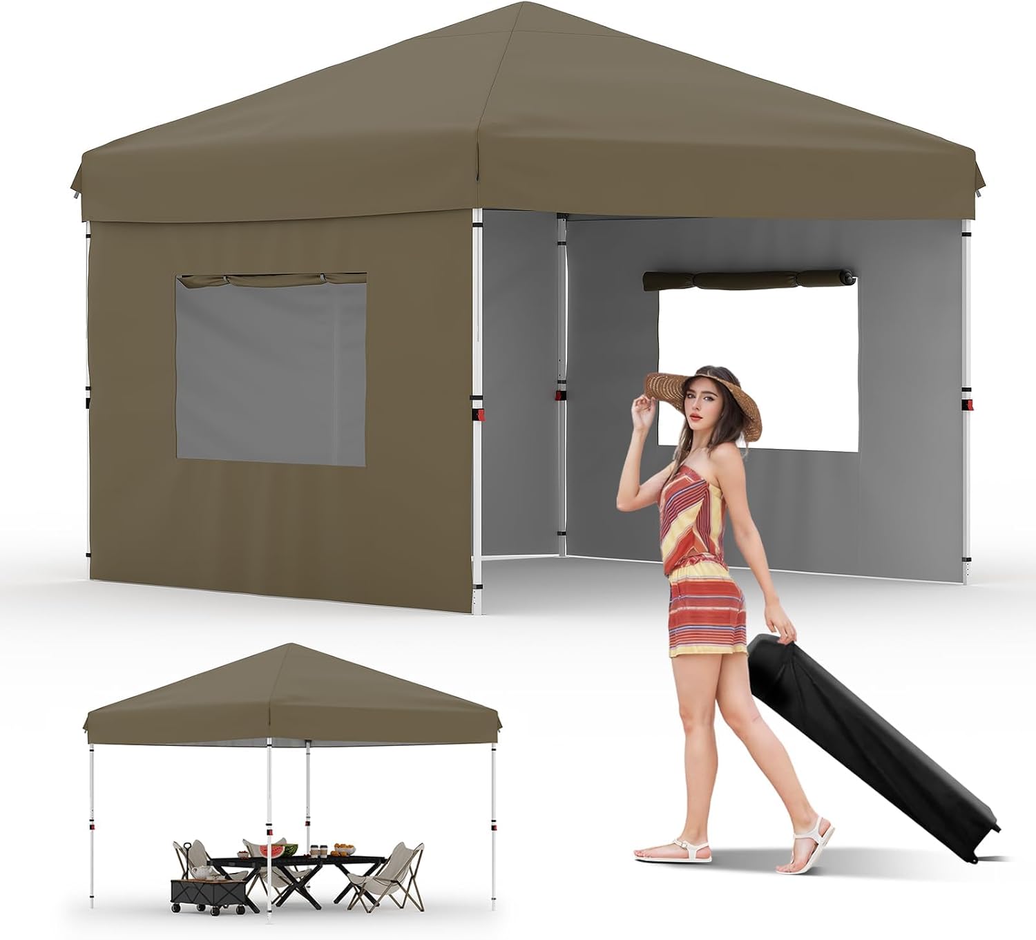 10'x10' Brown Pop Up Canopy Tent with 3 Sidewalls, Waterproof and UV Resistant Outdoor Gazebo, Easy Up Sun Shade Shelter for Parties, Events, Backyard, Camping
