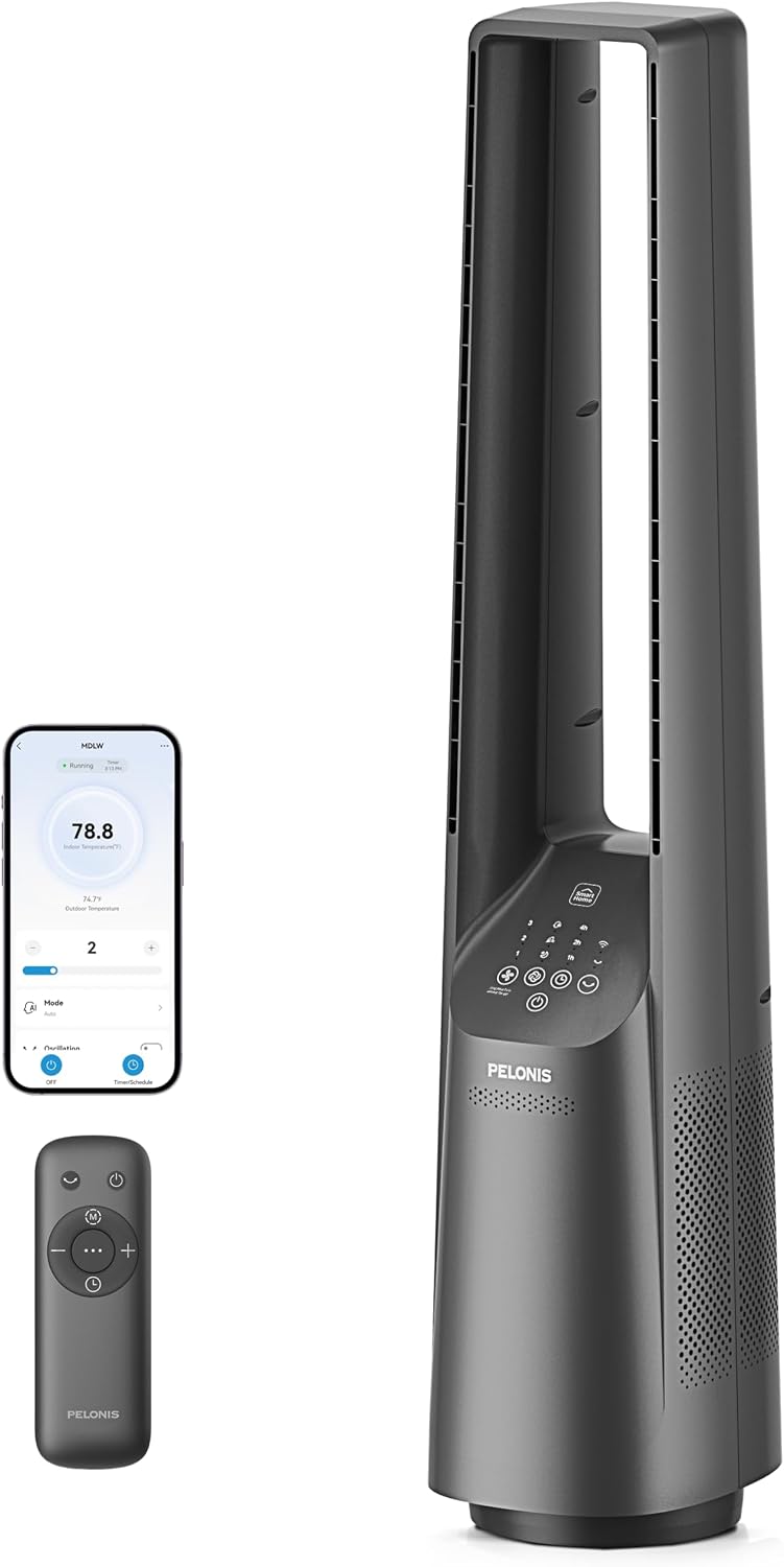 PELONIS 40' Smart Bladeless Fan for Bedrrom - Tower Fan, Alexa/Google/WiFi, DC Motor, 6 Speeds, 4 Modes, Remote, 7H Timer, 90° Oscillation, Safe for Home and Office