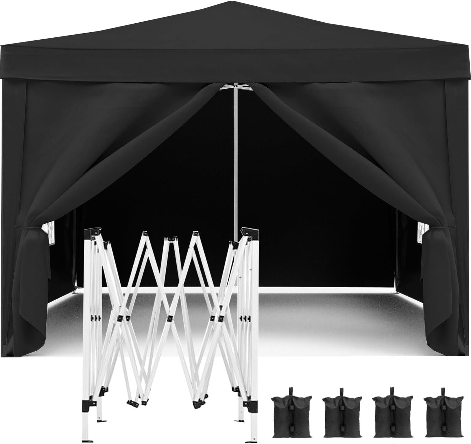 10x10 Pop Up Canopy with 4 Sidewalls Commercial Canopy Tent UPF 50+ All Weather Waterproof Outdoor Wedding Party Tent for Gazebo, Camping, Backyard Parties with Sand Bag, Black