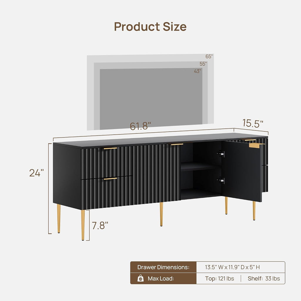 SICOTAS TV Stand for 55/60/65/70 Inch TV - 62 Inch TV Stands for Living Room Entertainment Center with 4 Drawers, Fluted Modern TV Media Console Television Cabinet for Bedroom (Black,1 Piece)