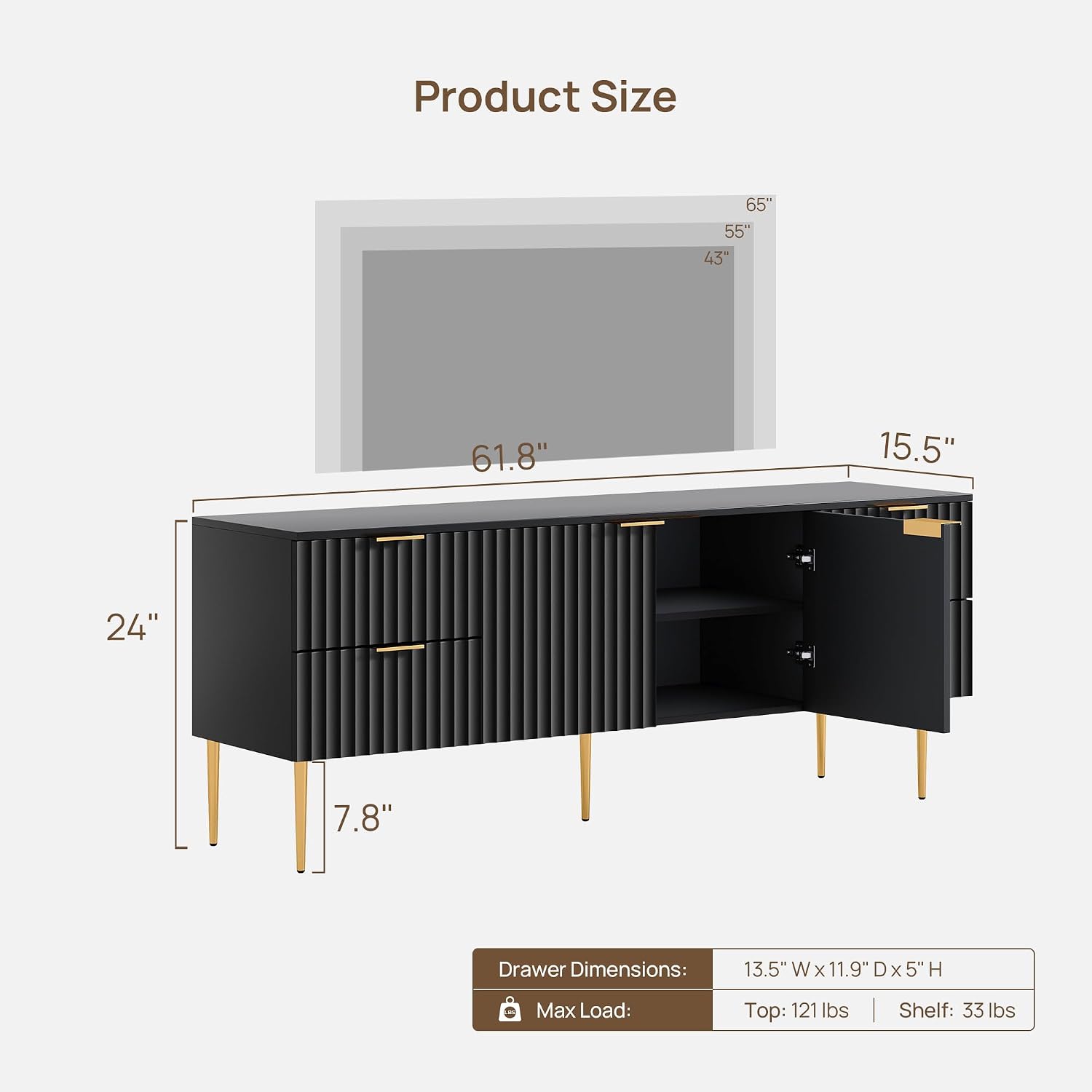 SICOTAS TV Stand for 55/60/65/70 Inch TV - 62 Inch TV Stands for Living Room Entertainment Center with 4 Drawers, Fluted Modern TV Media Console Television Cabinet for Bedroom (Black,1 Piece)