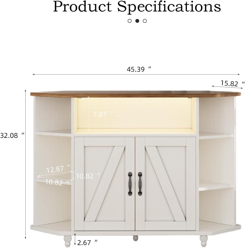 4 EVER WINNER Corner TV Stand for 55 Inch TV, Corner TV Console with Storage, Farmhouse Corner TV Cabinet with Cable Management&LED Lights for Bedroom/Living Room, White
