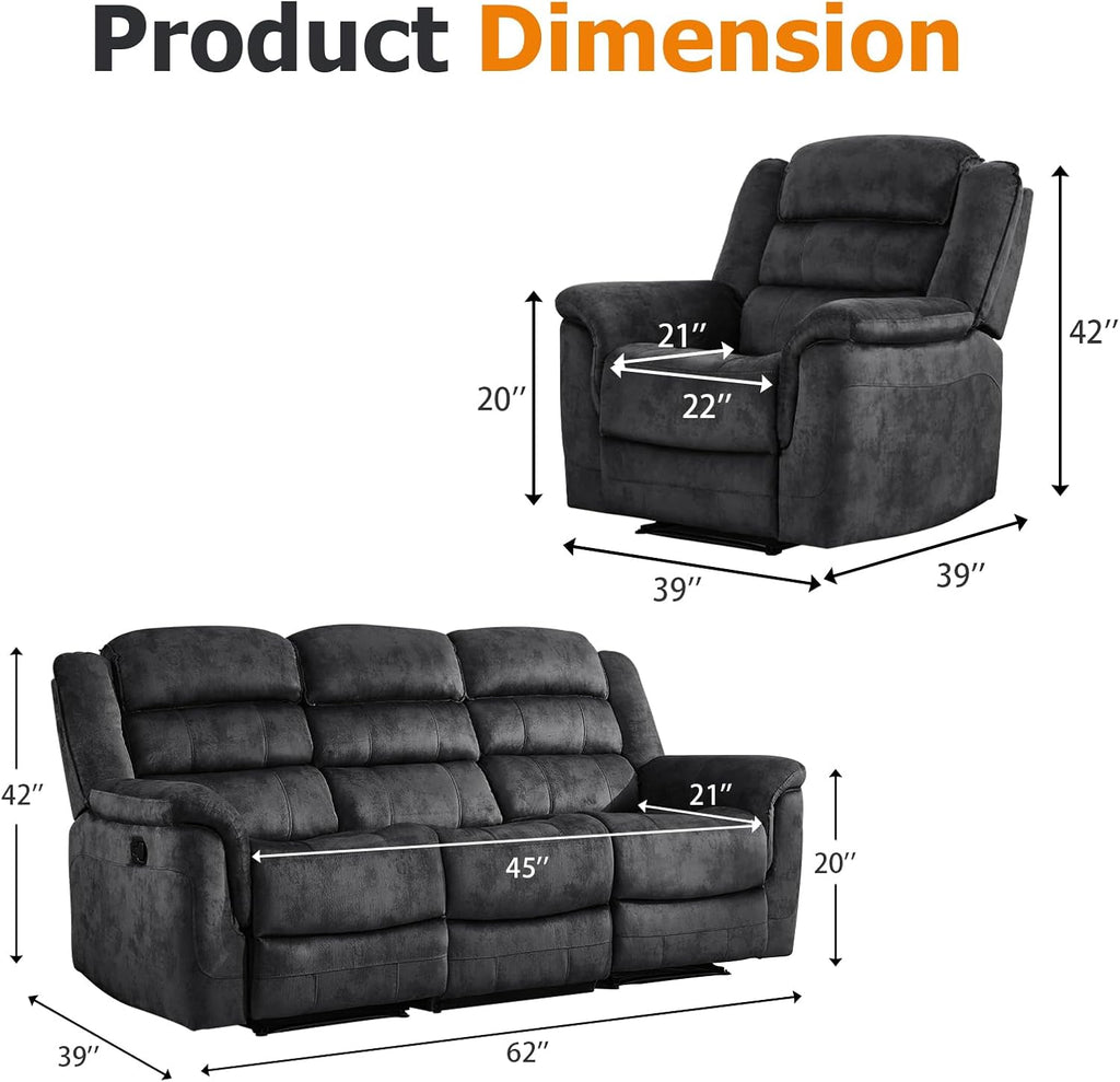 EBELLO 3 Pieces Reclining Living Room Set, Soft Fabric Manual Recliner Sofa Furniture Set, Includes 2 Overstuffed Recliner Chairs and one 3 Seat Sofa, Grey