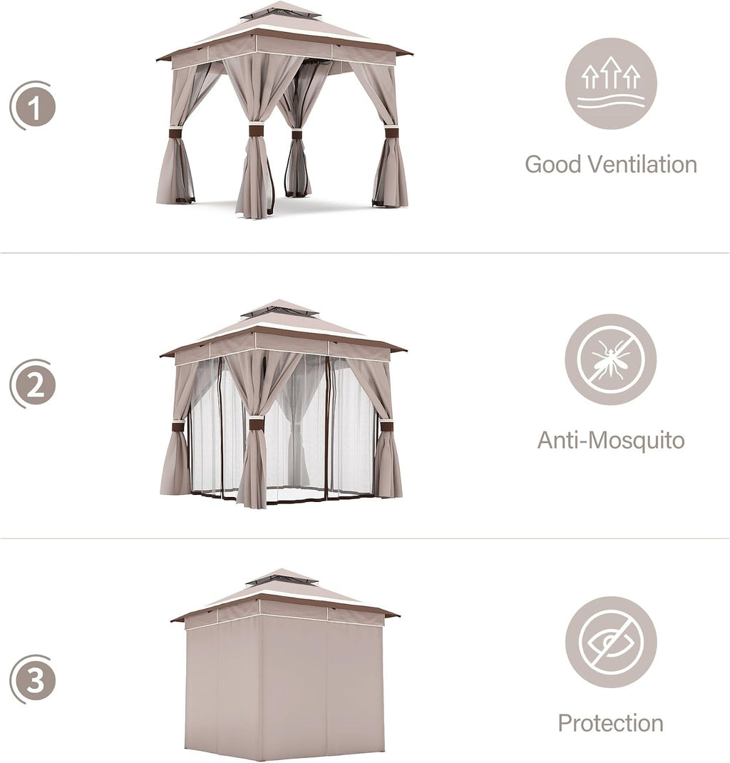 LAUSAINT HOME 8'x8' Outdoor Gazebo, Metal Frame Heavy Duty Patio Canopy Tent Shelter with Double Roofs, Mosquito Nettings and Privacy Screens for Backyard, Garden, Lawn, Classic Khaki