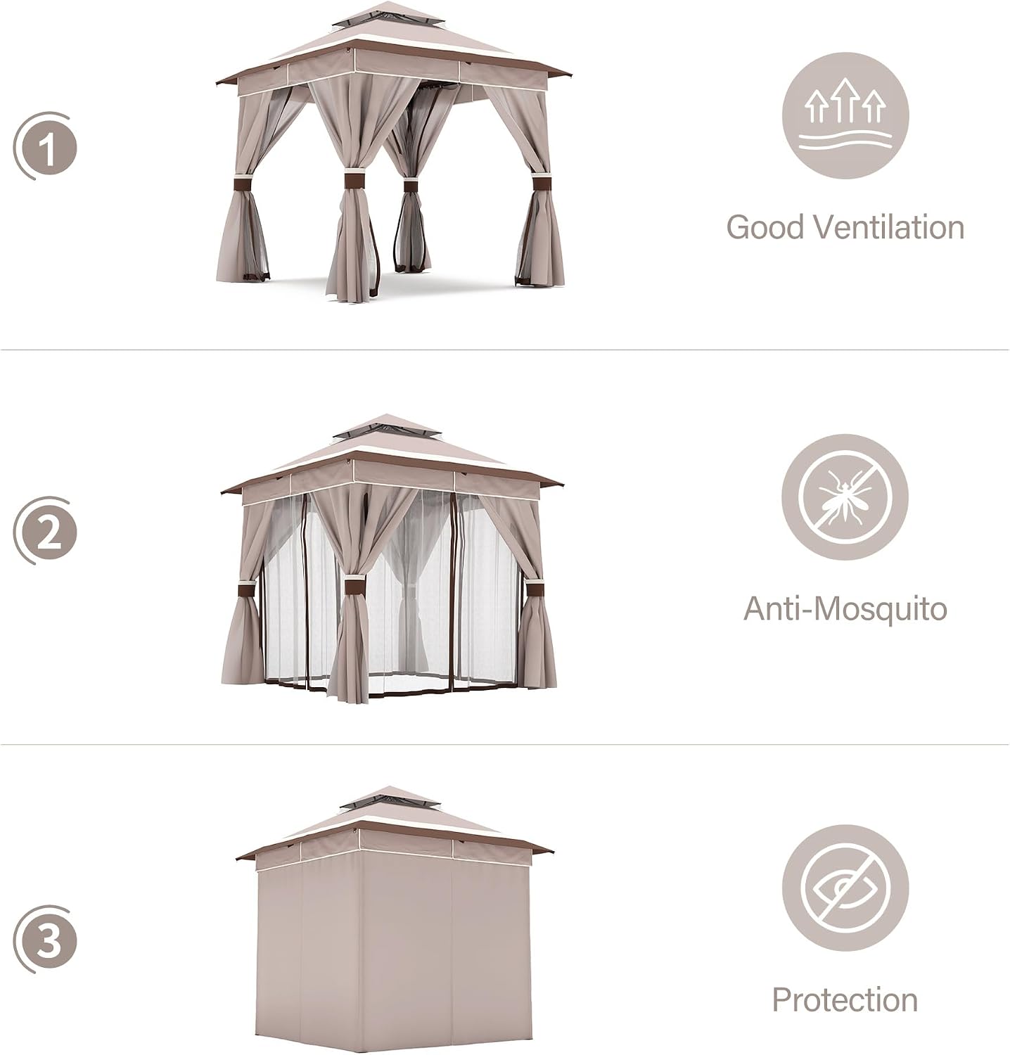 LAUSAINT HOME 8'x8' Outdoor Gazebo, Metal Frame Heavy Duty Patio Canopy Tent Shelter with Double Roofs, Mosquito Nettings and Privacy Screens for Backyard, Garden, Lawn, Classic Khaki