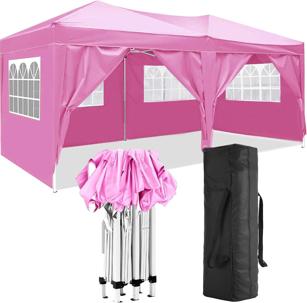10x20 Pop Up Canopy with 6 Sidewalls Commercial Canopy Tent UPF 50+ All Weather Waterproof Outdoor Wedding Party Tent for Gazebo, Camping, Backyard Parties with Sand Bag, Pink