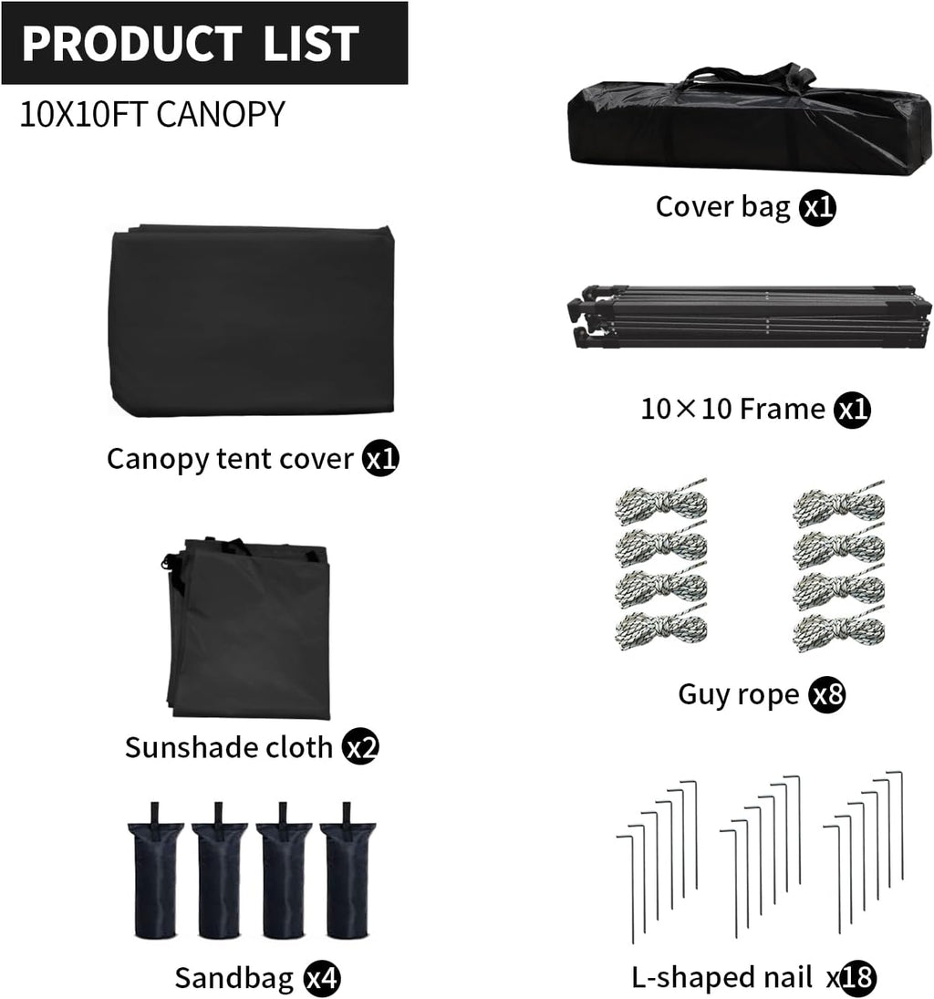 10x10 Pop Up Canopy Tent with 2 Sidewalls, Easy UpCanopy Outdoor Party Sun Shade Tent Portable Gazebofor Beach Camping Events with Carry Bag and 4 SandBags