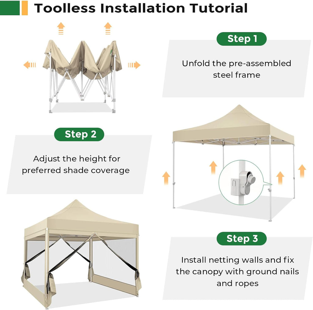 COBIZI 10x10 Heavy Duty Pop Up Canopy Tent with 4 Sidewalls, Easy Set Up Outdoor Waterproof Screen Commercial Party Tent with Mosquito Netting for Parties Backyard Patio, Carry Bag, Khaki