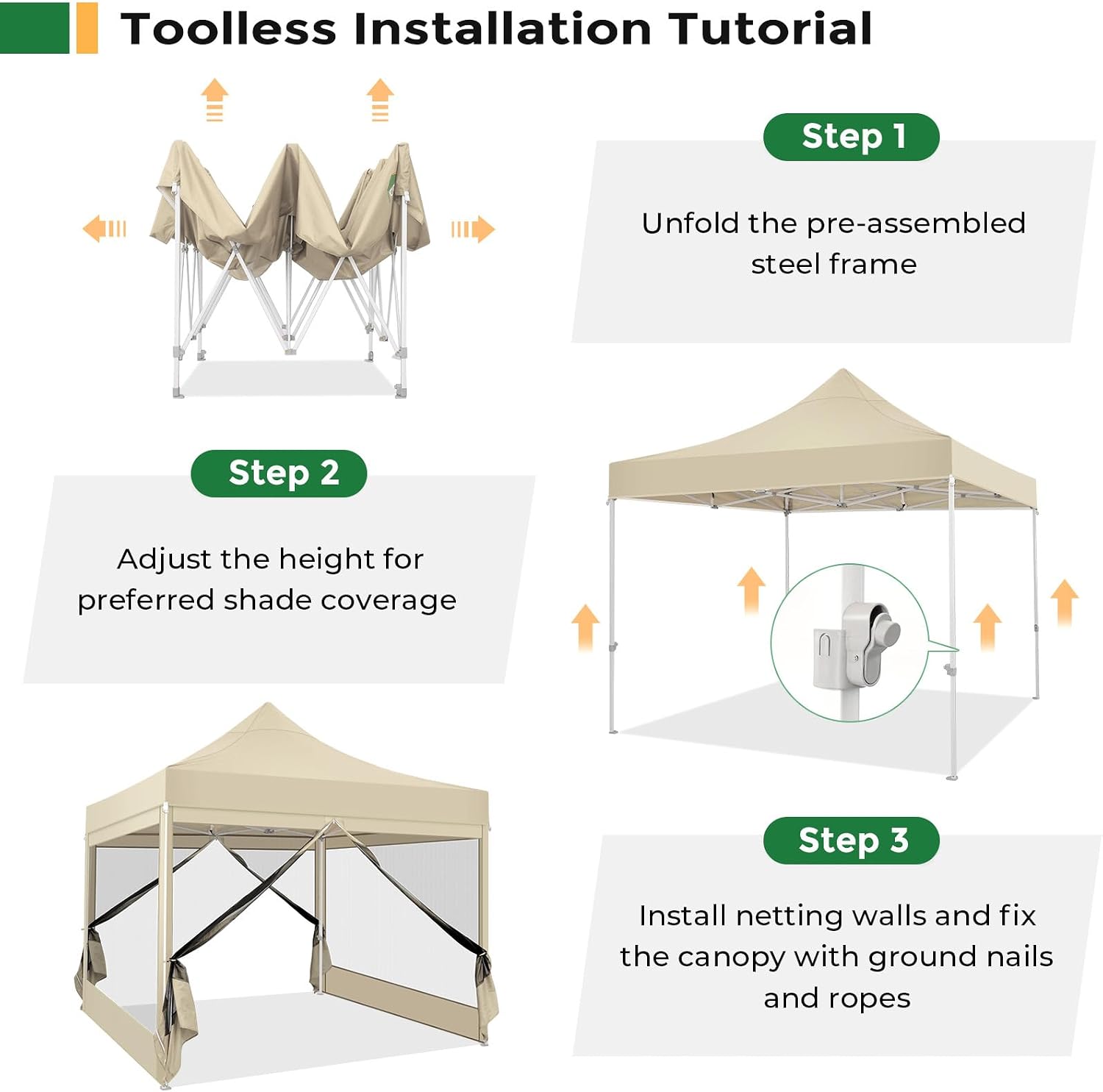 COBIZI 10x10 Heavy Duty Pop Up Canopy Tent with 4 Sidewalls, Easy Set Up Outdoor Waterproof Screen Commercial Party Tent with Mosquito Netting for Parties Backyard Patio, Carry Bag, Khaki