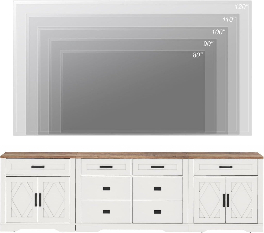 WAMPAT 110' W Large TV Stand,3-in-1 Farmhouse Entertainment Center with Storage Barn Door Cabinet,TV Console Table with Media Cabinet and Drawers for Living Room,Bedroom,Cream White