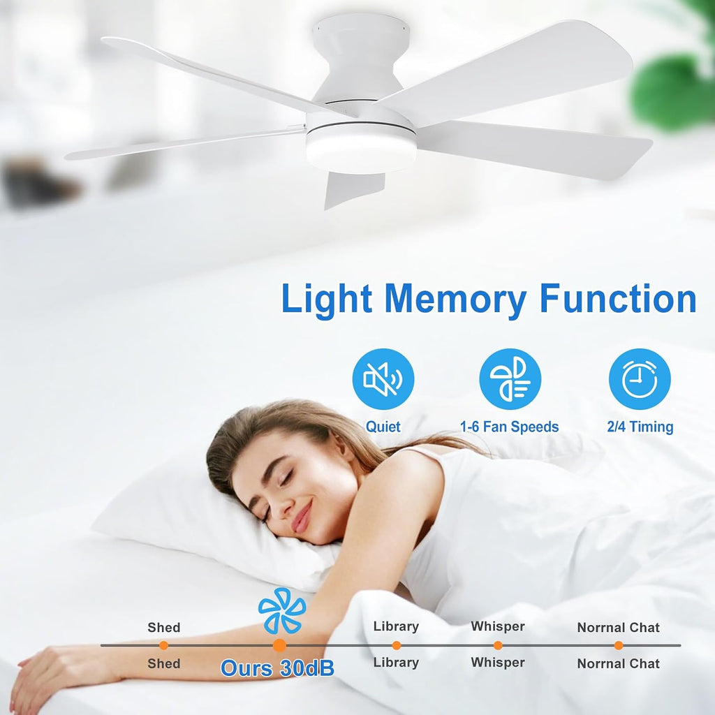 Depuley 42-Inch Ceiling Fans with Lights: Flush Mount Ceiling Fan with Remote Control Indoor/Outdoor - White 5 Blade Low Profile Fandelier for Kitchen Gazebo - Reversible Quiet Timer - 2 Packs