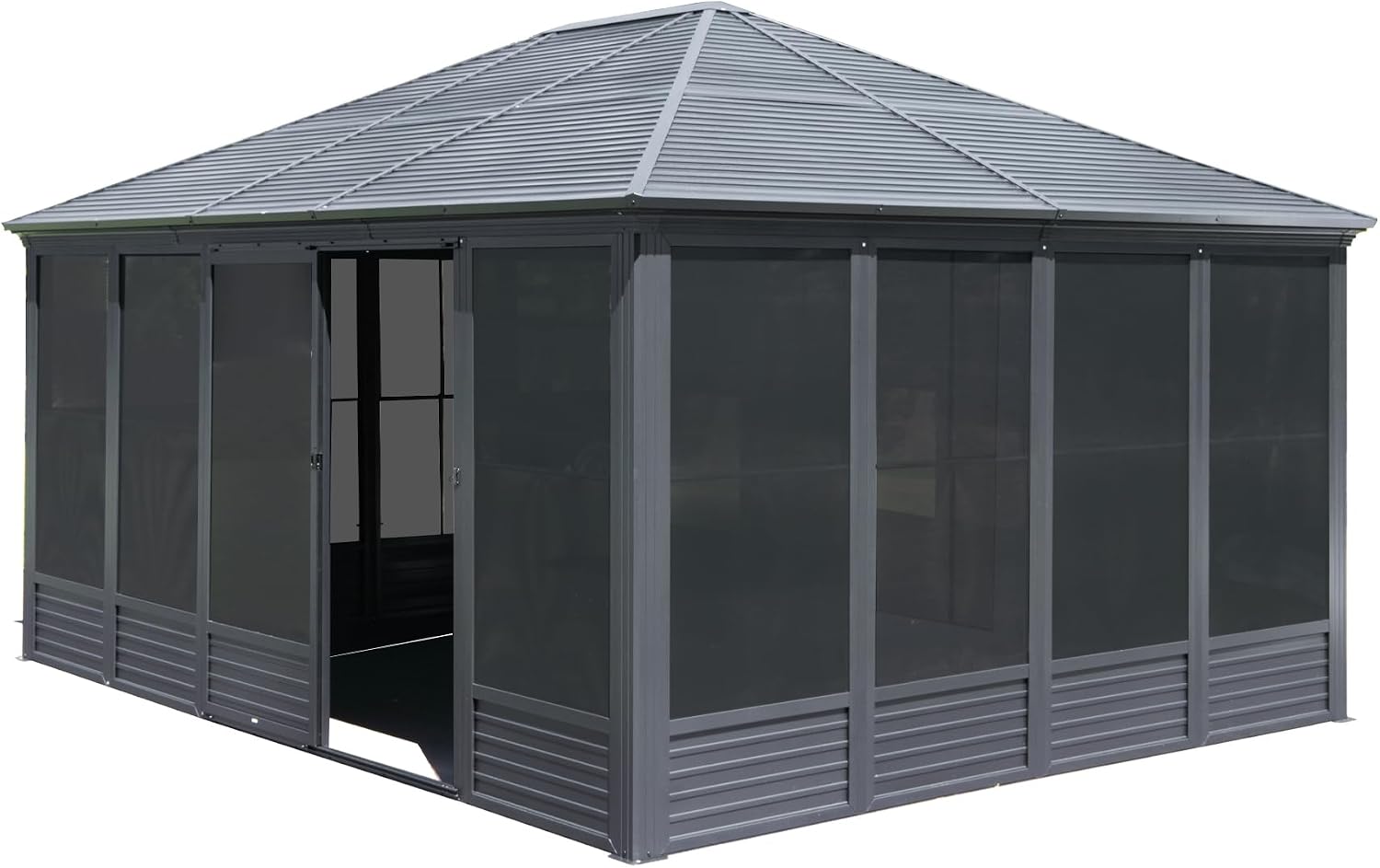 13x16.5FT Four-Season Sunroom Solarium with Galvanized Steel Roof & Movable PVC Screens | All-Weather Aluminum Hardtop Gazebo, Lockable Sliding Door for Patio, Deck, Backyard, Grey