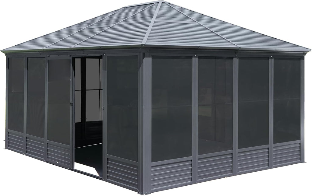 13x16.5 FT Sunroom, Four Season Enclosed Hardtop Gazebo with Galvanized Steel Roof, Aluminum Solarium Sun Room with Movable PVC Screen Walls, Sliding Doors, Metal Hard Top Gazebo for Patio, Deck
