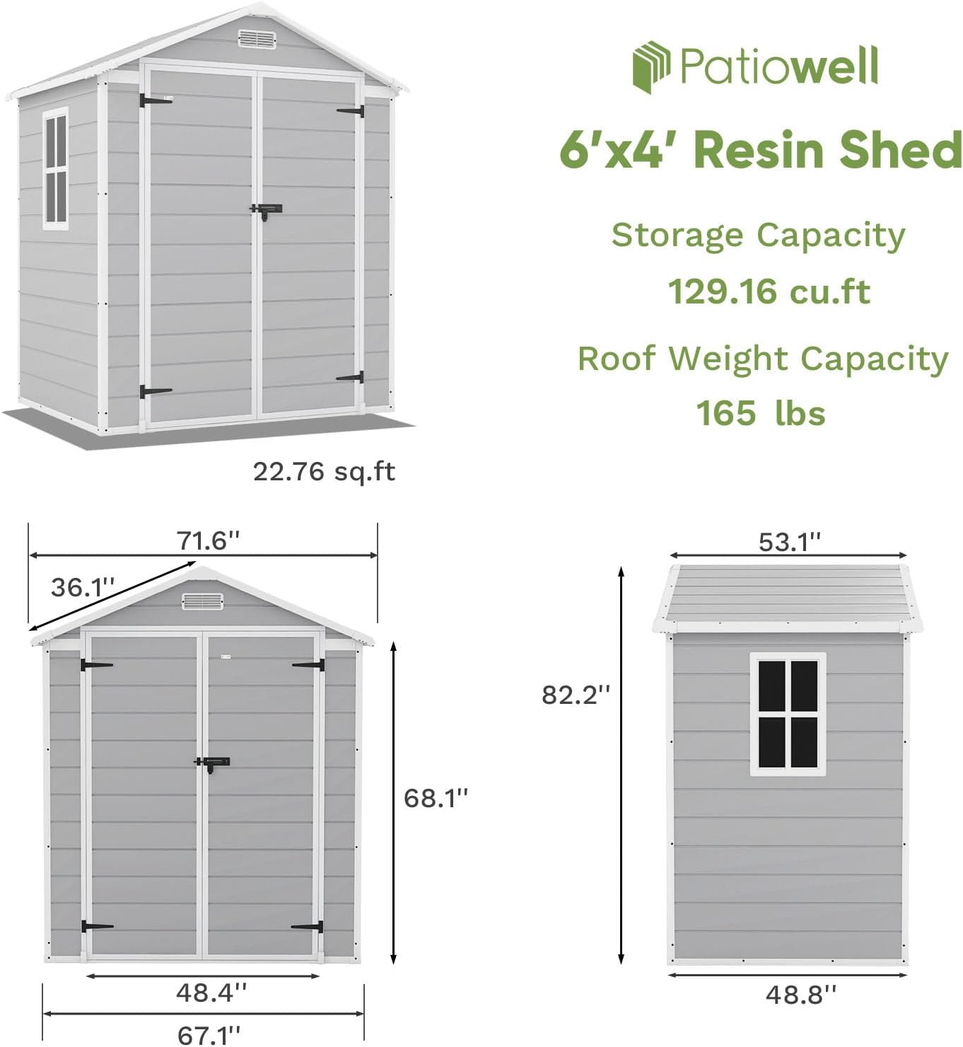 Patiowell 6x4 FT Resin Outdoor Storage Shed with Floor, Plastic Storage Shed with Lockable Door, Outside Shed Perfect to Store Patio Furniture, GardenTools Bike Accessories, Lawn Mower, Light Gray