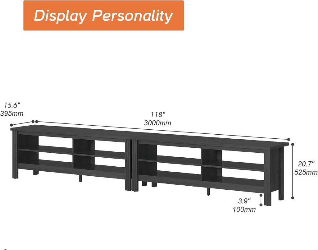 WAMPAT LED TV Stand for 100 Inch TV, Black/Oak Entertainment Center for 90 85 80 inch TV Console Table with 8 Cubby Storage for Living Room Bedroom, (W01A3155B+W01003*2)
