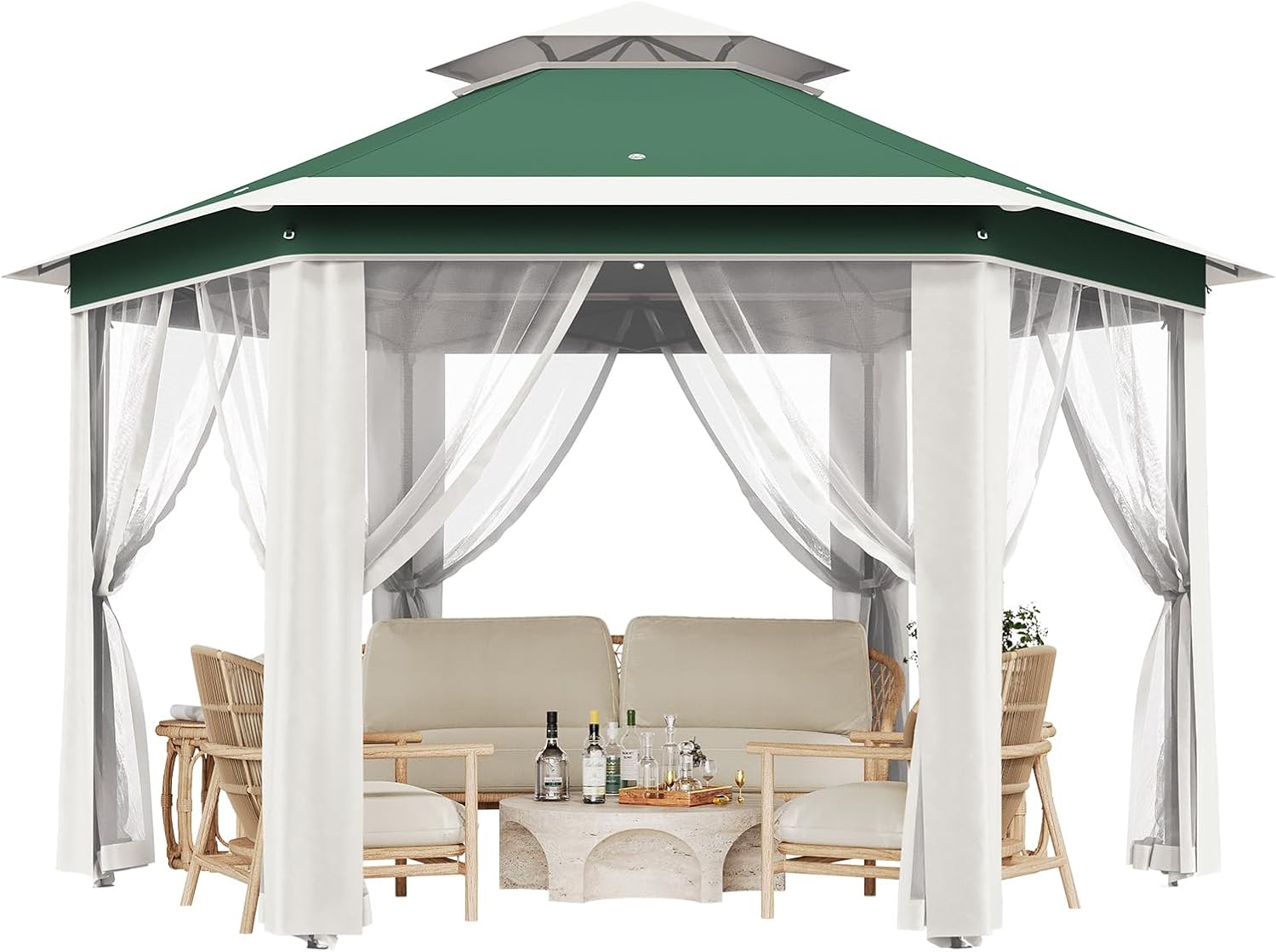 13x13 Pop Up Gazebo, Hexagonal Outdoor Canopy Shelter with Double Roof and Mesh Netting, Event Tent with Strong Steel Frame and Adjustable Height for Backyard, Garden, Patio, Lawn, Green + Beige