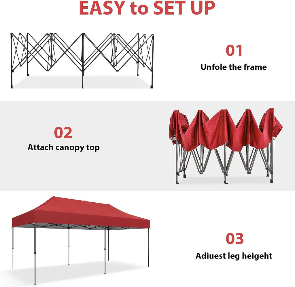 Outdoor Basic 10' x 20' Pop up Canopy Tent, Instant Heavy Duty Gazebo Tent Without Sidewalls/Wheeled Bag for Party Commercial Activity (Red, Without Sidewall)