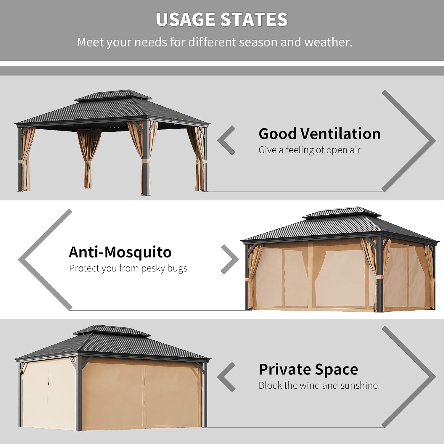 Greesum 12'x16' Hardtop Metal Gazebo, Outdoor Galvanized Steel Double Roof Canopy, Aluminum Frame Permanent Pavilion with Netting and Curtains for Patio, Backyard, Deck and Lawns