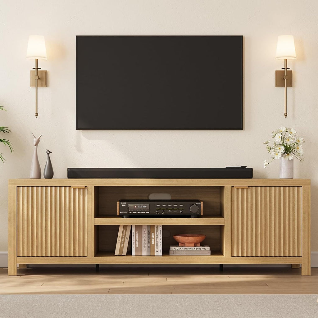 IDEALHOUSE Fluted TV Stand for 75+'', Modern Entertainment Center with 2-Tier Storage & Adjustable Shelves, Media Console Cabinet with 2 Fluted Doors & Gold Handle for Living Room Bedroom, Natural Oak