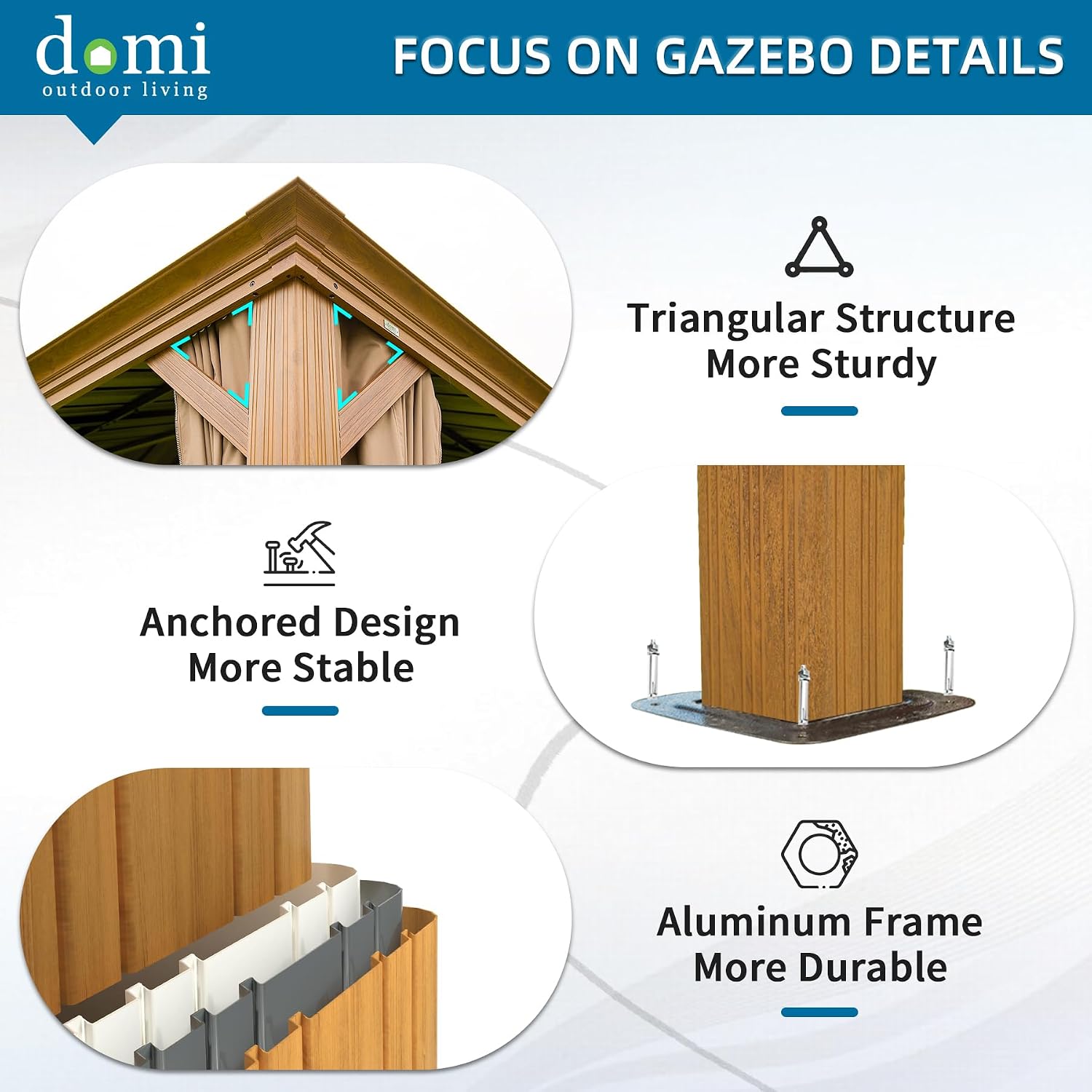 Domi Outdoor Living 12'x14' Hardtop Gazebo, Wooden Coated Aluminum Frame Canopy with Galvanized Steel Double Roof, Outdoor Permanent Metal Pavilion with Curtains and Netting for Patio, Deck and Lawn