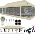 COBIZI 10x30 Pop Up Canopy with Sidewalls, Heavy Duty Canopy with Mosquito Netting, Easy up Screen Party Tents for Parties Backyard Outdoor Commercial Event Gazebo with Roller Bag, Sandbags, Khaki