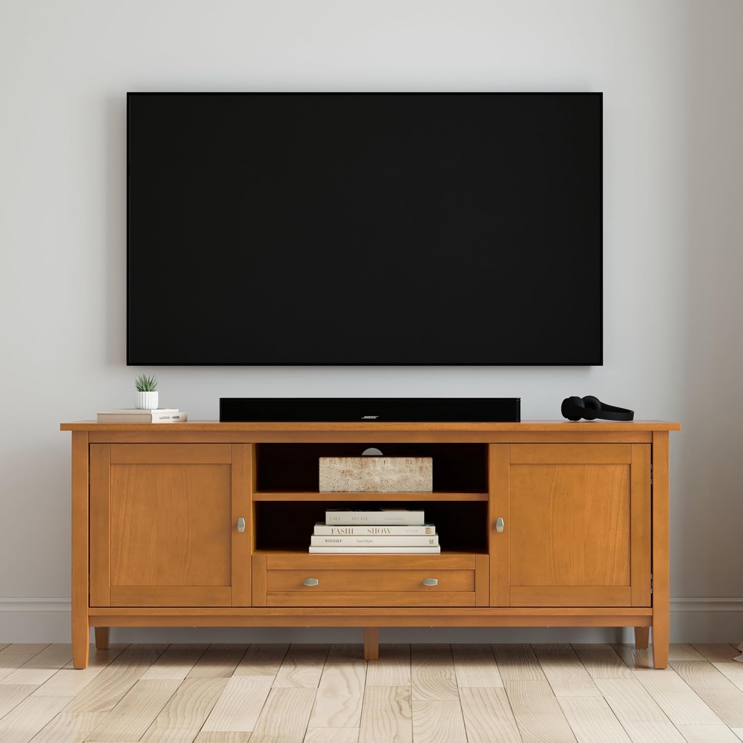 SIMPLIHOME Warm Shaker TV Stand - 60 inch Wide Solid Wood Media Console in Light Golden Brown, Transitional Entertainment Center for Living Room for TVs up to 65 Inches with Cable Management