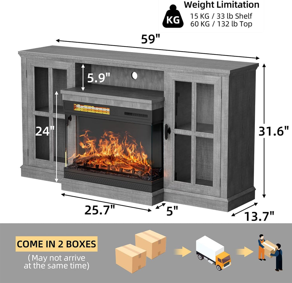 YESHOMY Glass Fireplace TV Stand for Televisions up to 65', Media Entertainment Center Console Table with Doors Closed Storage, Grey Wash
