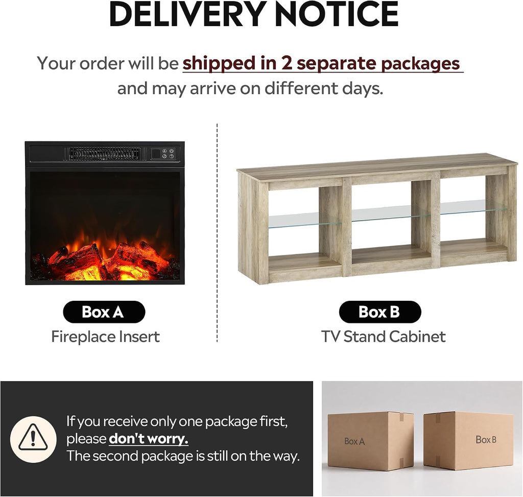 WLIVE 58 Inches Fireplace TV Stand with LED Lights, Modern Entertainment Center with 18'' Electric Fireplace & Adjustable Glass Shelves, Sturdy Media Console for Living Room, Bedroom (Grey Oak)