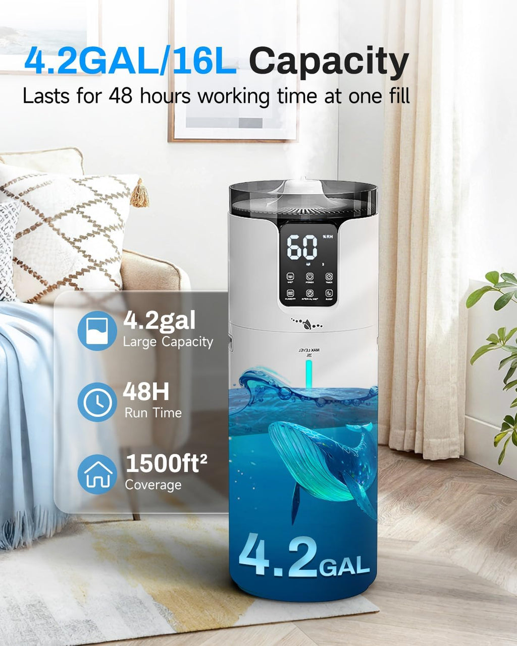 Lacidoll 16L Smart Humidifier large room, Whole house Humidifier for Home 1500 sq.ft with APP/Voice/Remote Control, Ultrasonic Cool Mist Humidifiers for Bedroom, Plants, office with Tube, White