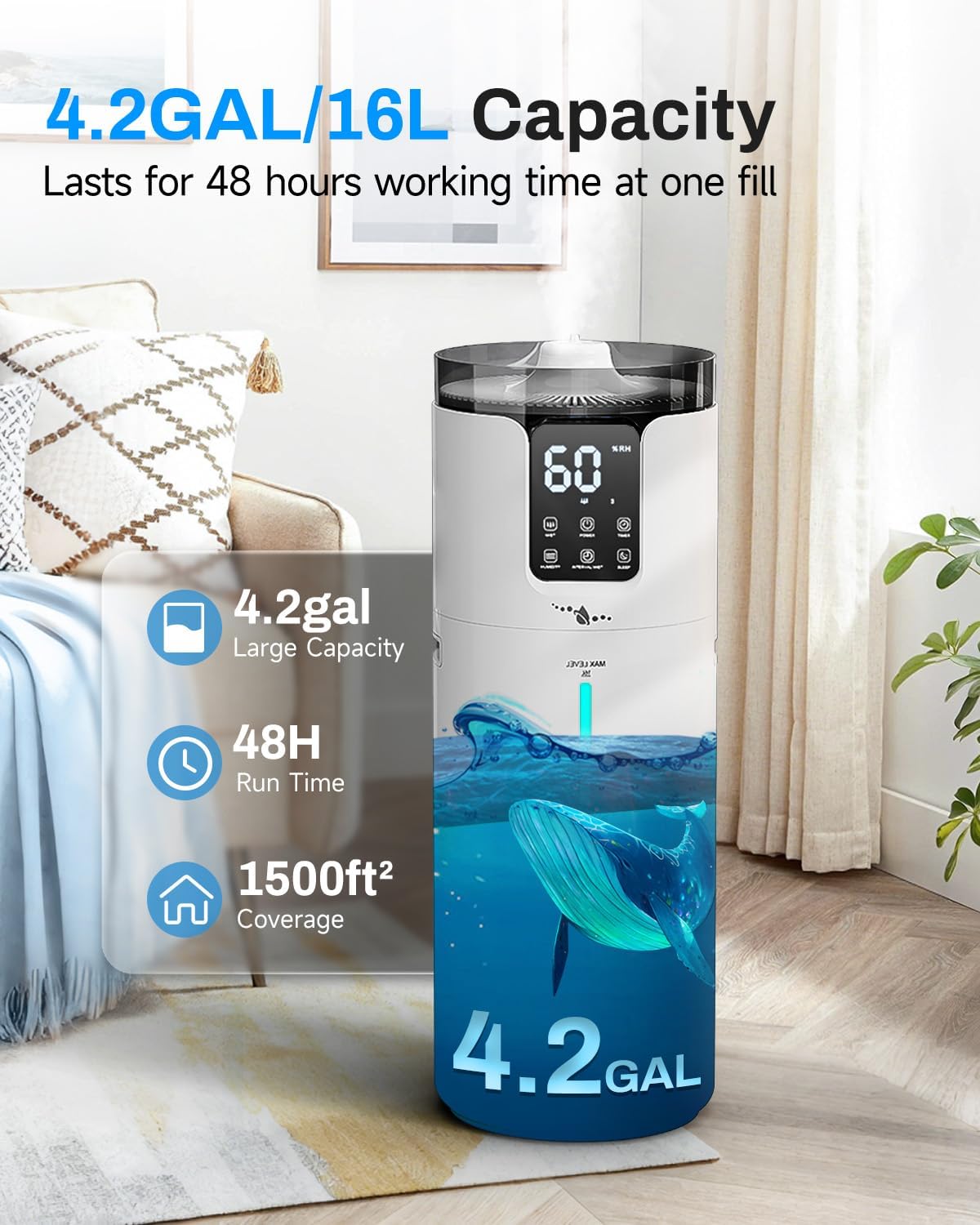 Lacidoll 16L Smart Humidifier large room, Whole house Humidifier for Home 1500 sq.ft with APP/Voice/Remote Control, Ultrasonic Cool Mist Humidifiers for Bedroom, Plants, office with Tube, White