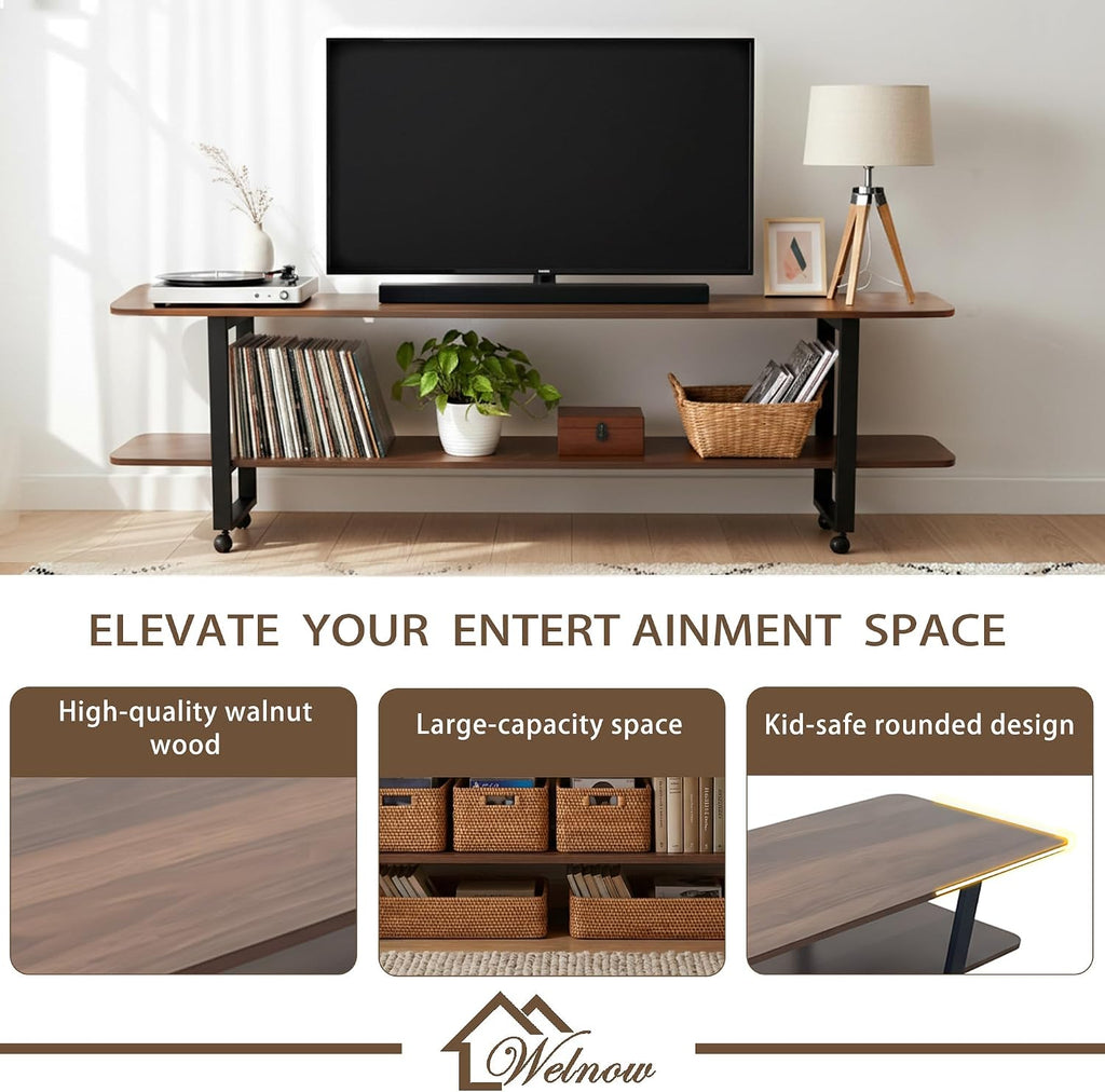 Welnow Walnut TV Stand for 65' TV, Mid Century Modern Entertainment Center with 2-Tier Open Shelves, Versatile Modern TV Console & Table for Living Room & Gaming
